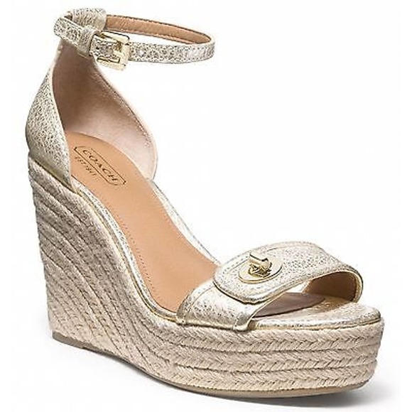 Coach GLINDA Espadrille Wedge Slingback Sandal Pump Heel Platinum/Gold 10 New - Picture 1 of 3